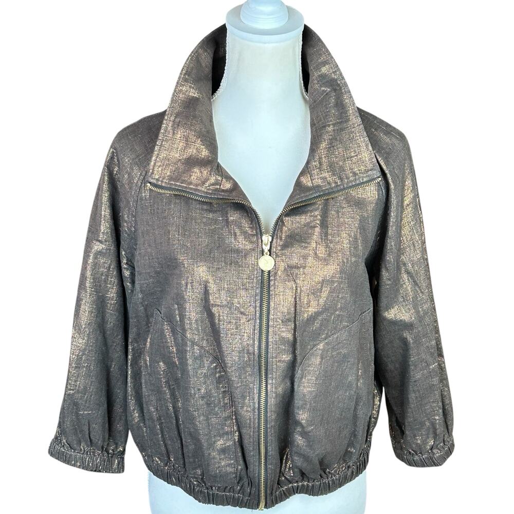 Nygard Moto Jacket Women Size 8 Rich Copper Metallic Shimmery Linen Rayon Zip Up